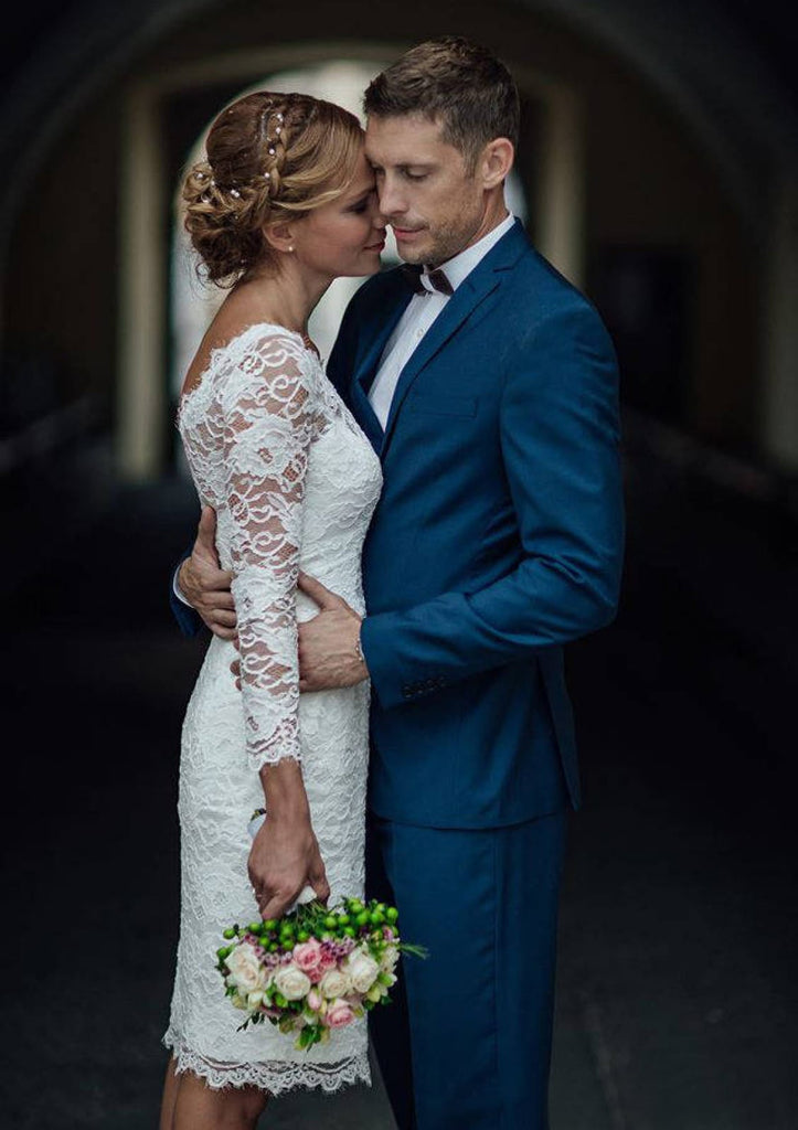 Sheath Ivory Lace Long Sleeves Short Wedding Party Dress
