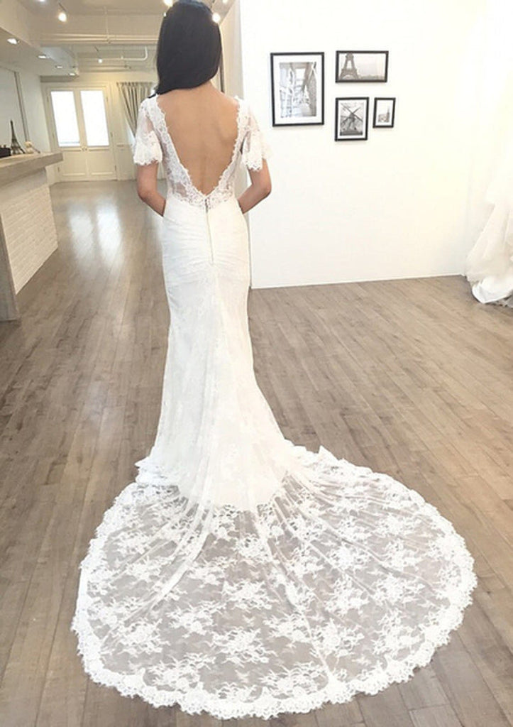 Sheath V Neck Short Sleeve Court Train Lace Wedding Dress -