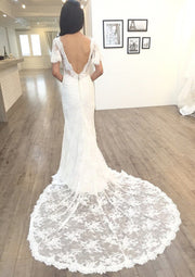 Sheath V Neck Short Sleeve Court Train Lace Wedding Dress -