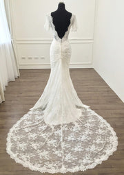 Sheath V Neck Short Sleeve Court Train Lace Wedding Dress -