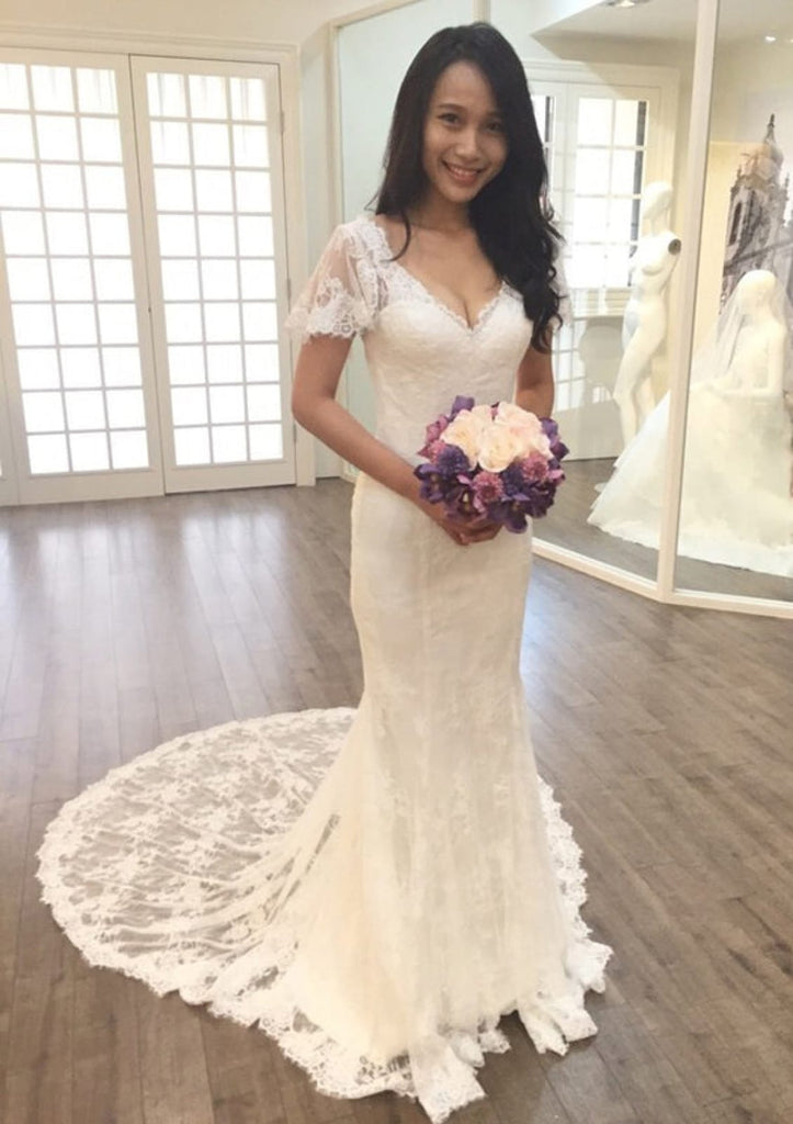 Sheath V Neck Short Sleeve Court Train Lace Wedding Dress -