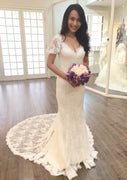 Sheath V Neck Short Sleeve Court Train Lace Wedding Dress