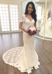 Sheath V Neck Short Sleeve Court Train Lace Wedding Dress -