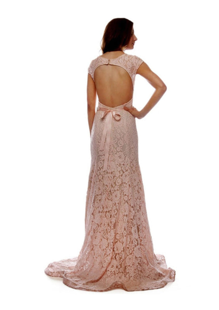 Sheath Pink Lace Keyhole Back Floor Length Sweep Train