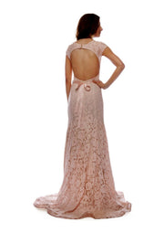 Sheath Pink Lace Keyhole Back Floor Length Sweep Train