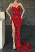 Sheath Prom Dress Sexy Red Sequin Straps Long Sweep Sleeveless Slit