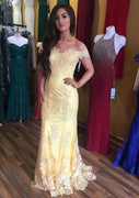 Sheath Scalloped Off Shoulder Illusion Sweep Yellow Lace Prom Dress
