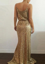 Sheath/Column Sleeveless V-Neck Sweep Train Sequined Prom