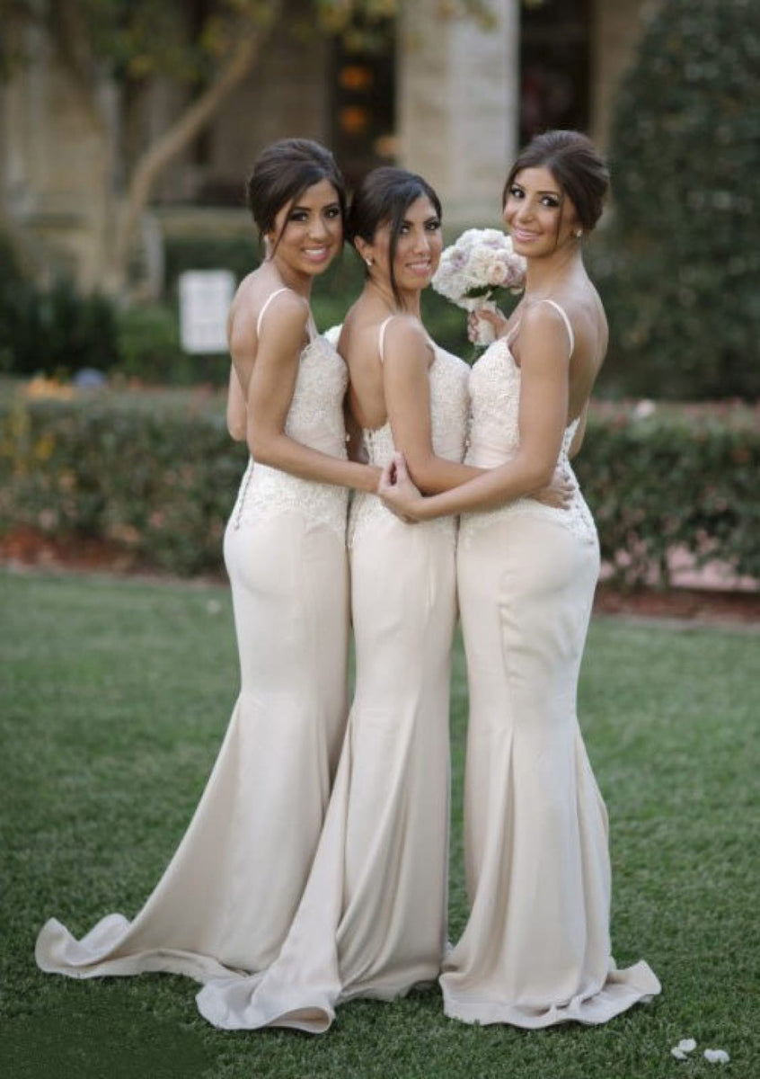 Sheath Spaghetti Strap Sweetheart Court Train Satin Ivory Bridesmaid Dress, Lace Sheath Spaghetti Strap Sweetheart Court Train Satin Ivory Bridesmaid Dress, Lace
