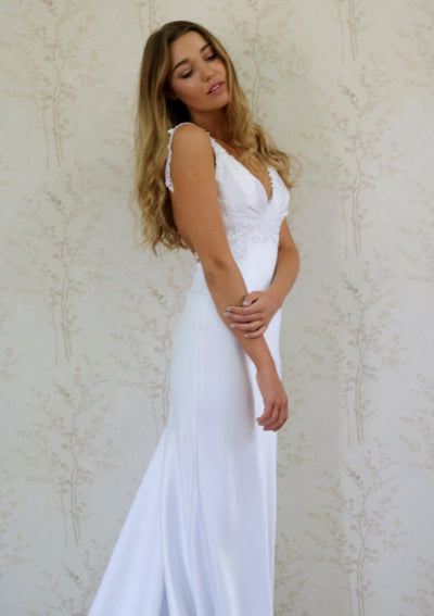 Sheath/Column V-Neck Sleeveless Court Satin Wedding Dress -
