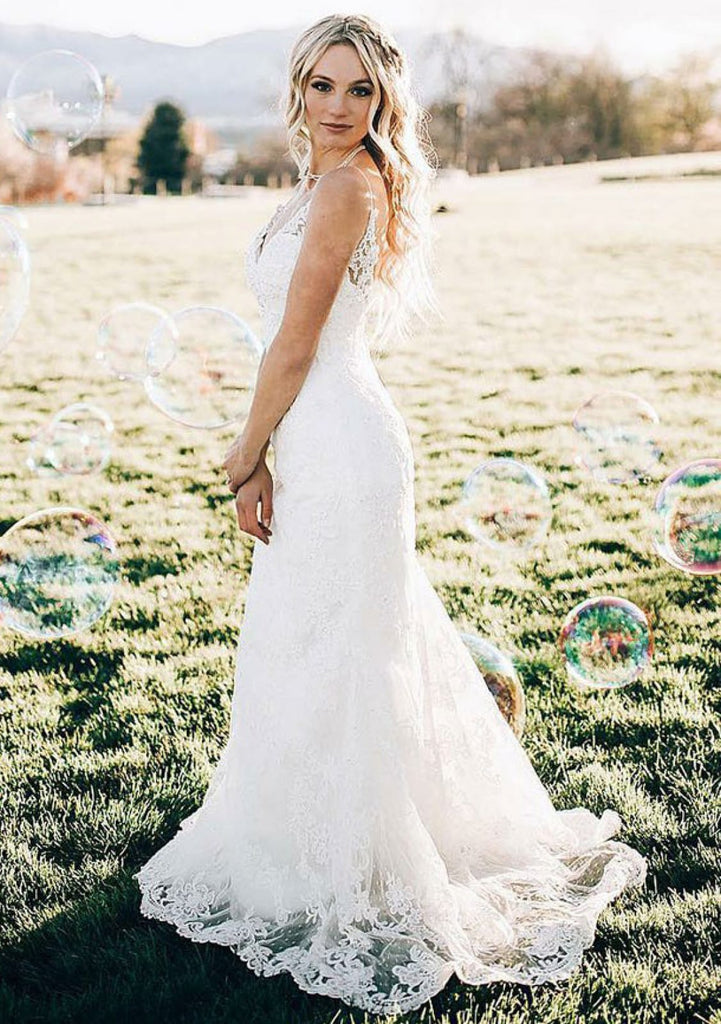 Sheath/Column V-Neck Sleeveless Sweep Lace Wedding Dress -