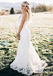 Sheath/Column V-Neck Sleeveless Sweep Lace Wedding Dress -