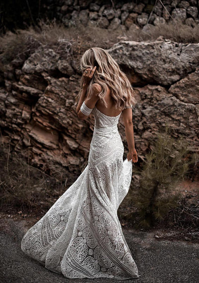 Sheath/Column Off Shoulder Sweep Train Lace Wedding Dress -