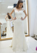 Sheath/Column Cap Sleeeve Court Lace Wedding Dress, Sash Flower