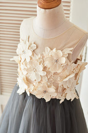 Sheer Illusion Neck Gray Tulle Wedding Flower Girl Dress