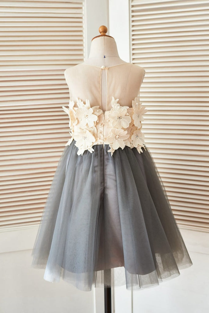 Sheer Illusion Neck Gray Tulle Wedding Flower Girl Dress