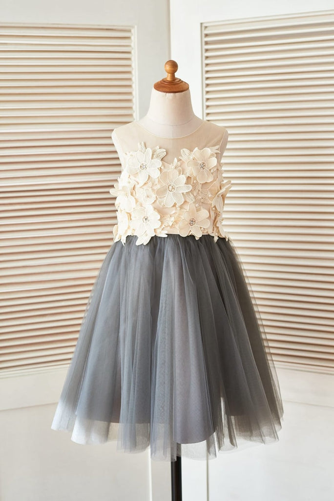 Sheer Illusion Neck Gray Tulle Wedding Flower Girl Dress