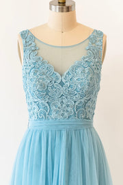 Sheer Lace Tulle Deep V Back Long Light Blue Bridesmaid