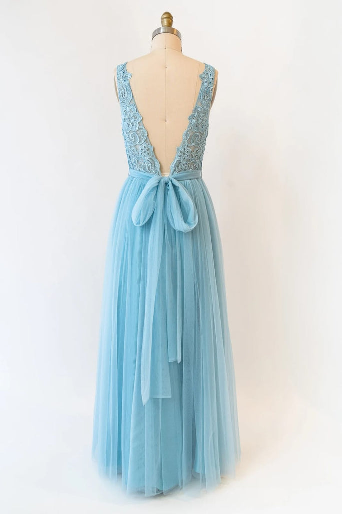 Sheer Lace Tulle Deep V Back Long Light Blue Bridesmaid