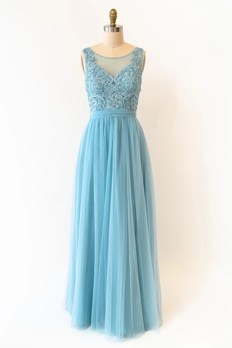 Sheer Lace Tulle Deep V Back Long Light Blue Bridesmaid Dress, Sash Sheer Lace Tulle Deep V Back Long Light Blue Bridesmaid Dress, Sash