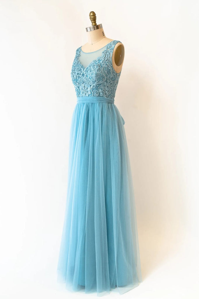 Sheer Lace Tulle Deep V Back Long Light Blue Bridesmaid