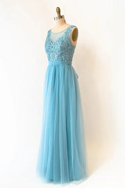 Sheer Lace Tulle Deep V Back Long Light Blue Bridesmaid