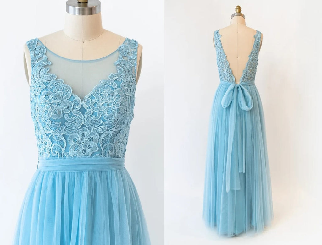 Sheer Lace Tulle Deep V Back Long Light Blue Bridesmaid