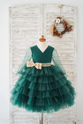 Sheer Long Sleeves Green Tulle Cupcake Wedding Flower Girl Dress Kids Party Dress