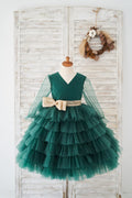 Abito da ragazza di fiori da sposa con cupcake in tulle verde a maniche lunghe trasparenti