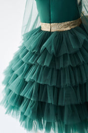 Long Sleeves Green Tulle Cupcake Wedding Flower Girl Dress