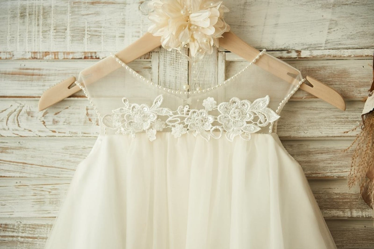 Sheer Neck Peach Pink Tulle Ivory Lace Wedding Flower Girl Dress, Sash