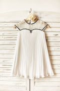 Sheer Neck Gray Beaded Ivory Chiffon Flower Girl Dress