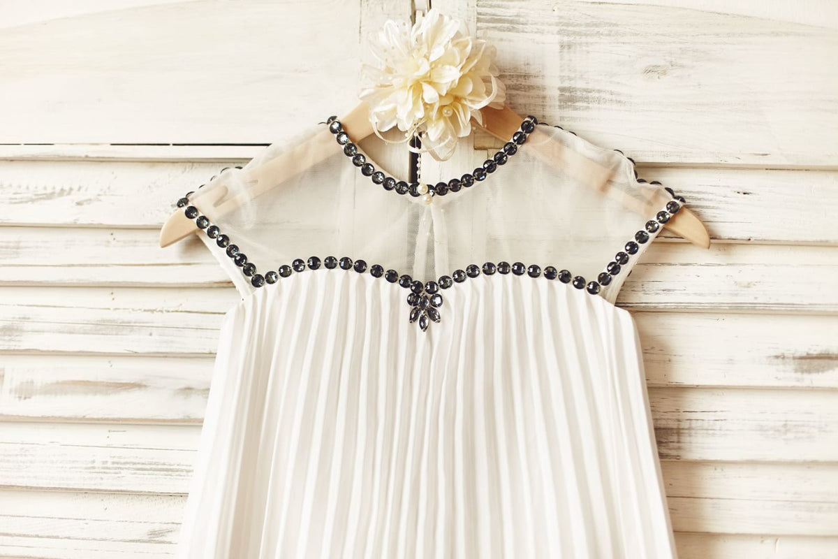 Sheer Neck Navy Blue Chiffon Wedding Flower Girl Dress, Beaded Belt