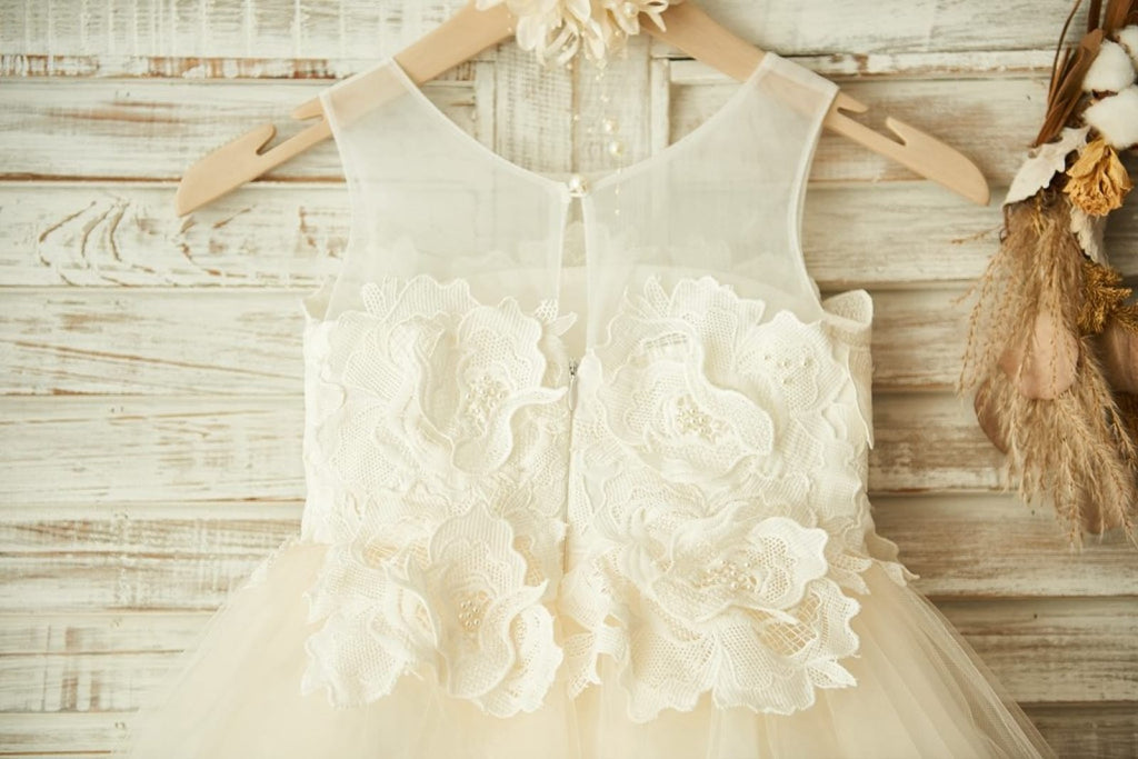 Sheer Neck Ivory Lace Champagne Tulle Wedding Flower Girl