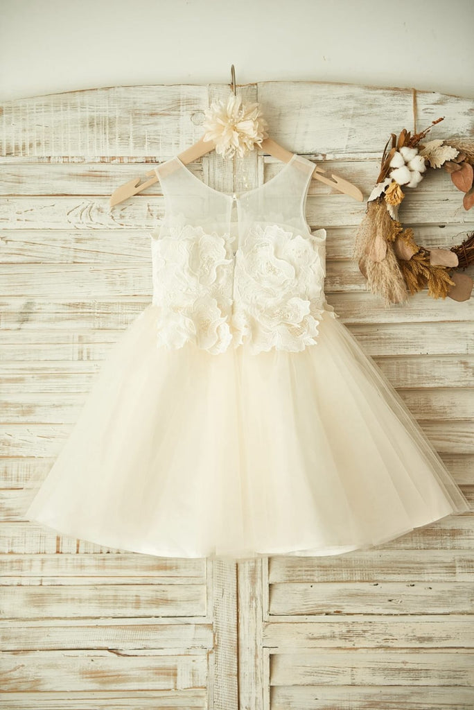 Sheer Neck Ivory Lace Champagne Tulle Wedding Flower Girl