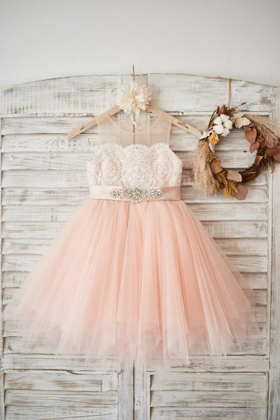 Sheer Neck Peach Pink Tulle Ivory Lace Wedding Flower Girl 