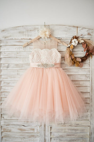 Sheer Neck Peach Pink Tulle Ivory Lace Wedding Flower Girl