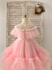 Princess Sheer Neck Pink Ruffle Tulle Wedding Flower Girl 