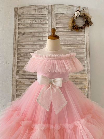 Princess Sheer Neck Pink Ruffle Tulle Wedding Flower Girl