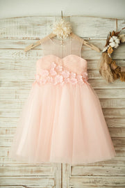 Sheer Neck Pink Tulle Wedding Flower Girl Dress with Beading