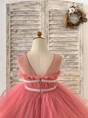 Sheer Neck Pleated Mauve Tulle Wedding Flower Girl Dress