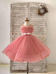 Sheer Neck Pleated Mauve Tulle Wedding Flower Girl Dress