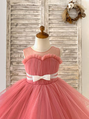 Sheer Neck Pleated Mauve Tulle Wedding Flower Girl Dress