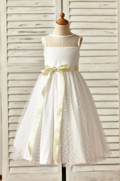 Sheer Neck Polka Dot Tulle Flower Girl Dress with Champagne