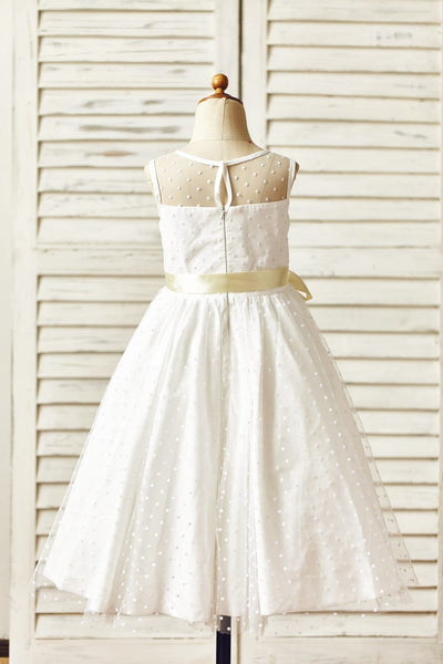 Sheer Neck Polka Dot Tulle Flower Girl Dress with Champagne