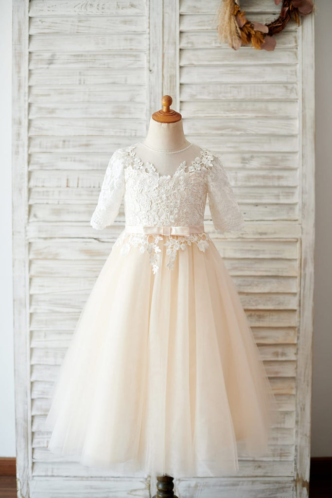 Princess Short Elbow Sleeves Ivory Lace Champagne Tulle