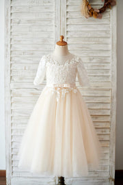 Princess Short Elbow Sleeves Ivory Lace Champagne Tulle