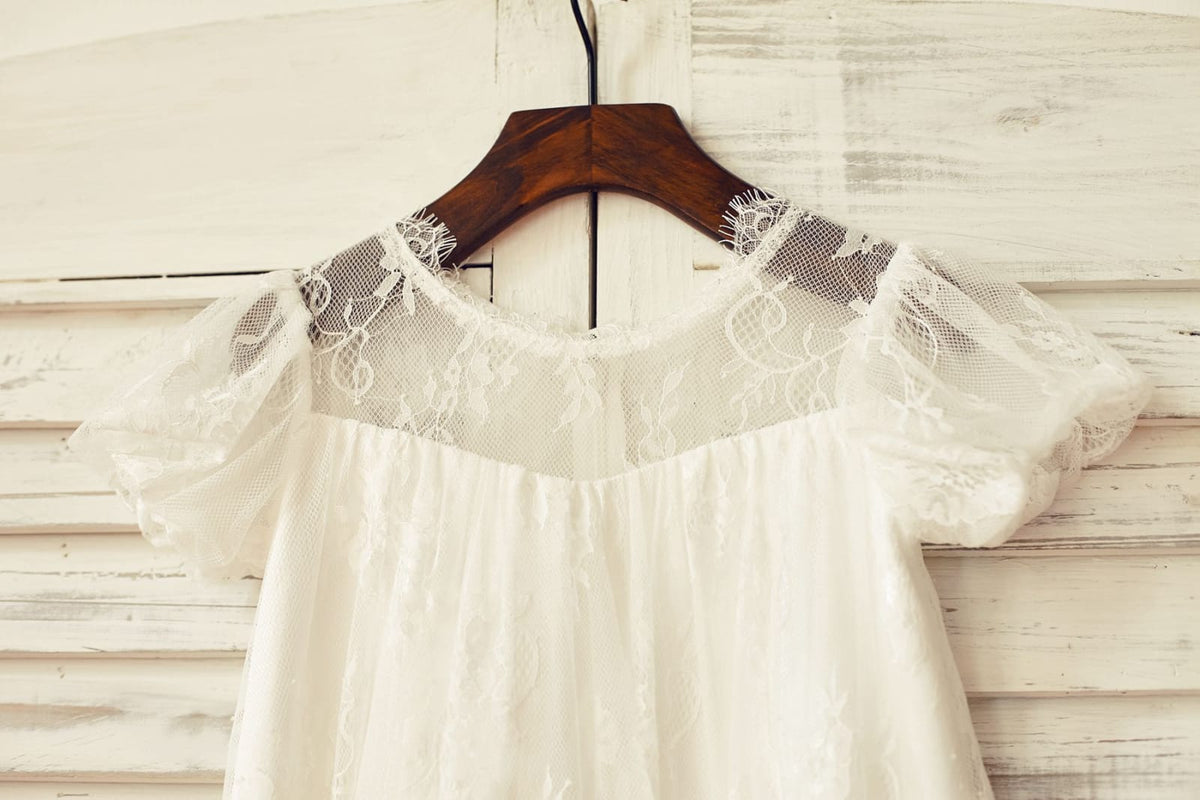 Short Puffy Sleeves Ivory Eyelash Lace Flower Girl Dress 9T