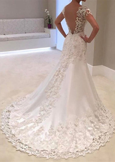 Short Sleeve V Neck Trumpet Beaded Lace Satin Wedding Dress