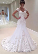 Short Sleeve V Neck Trumpet Beaded Lace Satin Open Back Wedding Dress